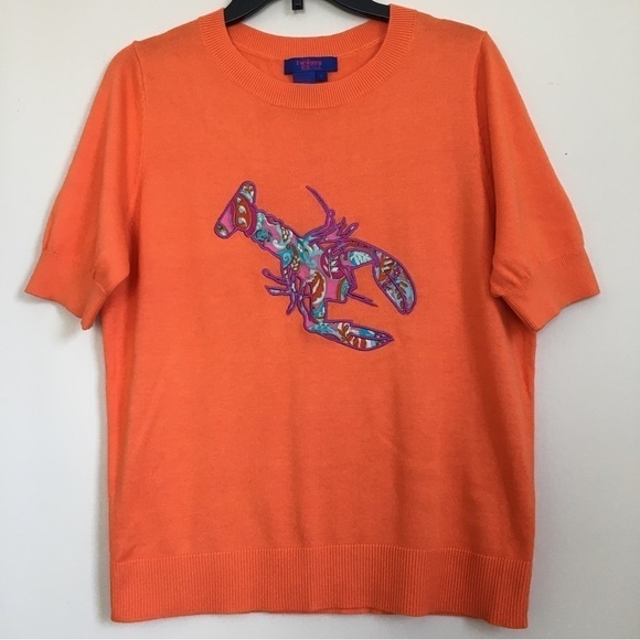 Twiggy London Orange Lobster Graphic Short Sleeve Crew Neck Knit Sweater Top - Picture 1 of 15